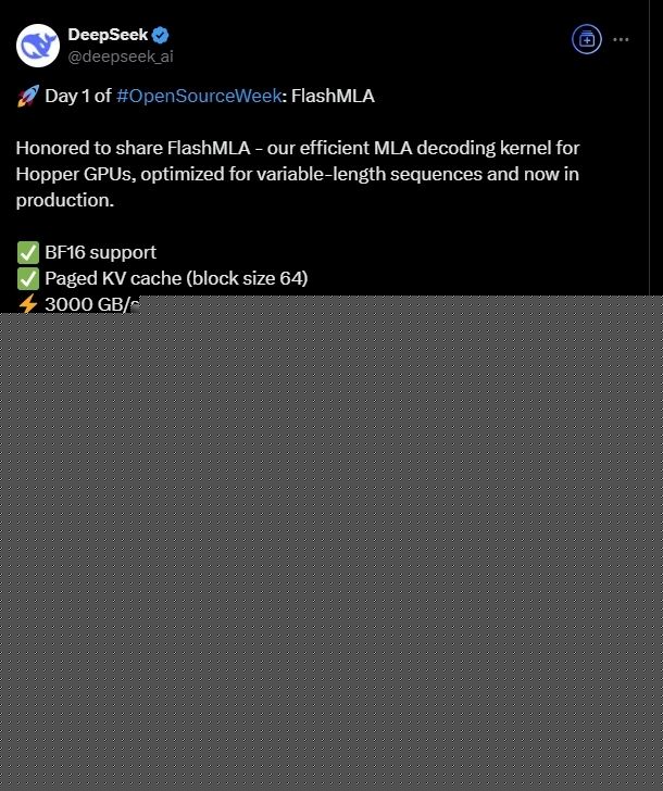 DeepSeek启动开源周 FlashMLA代码库发布